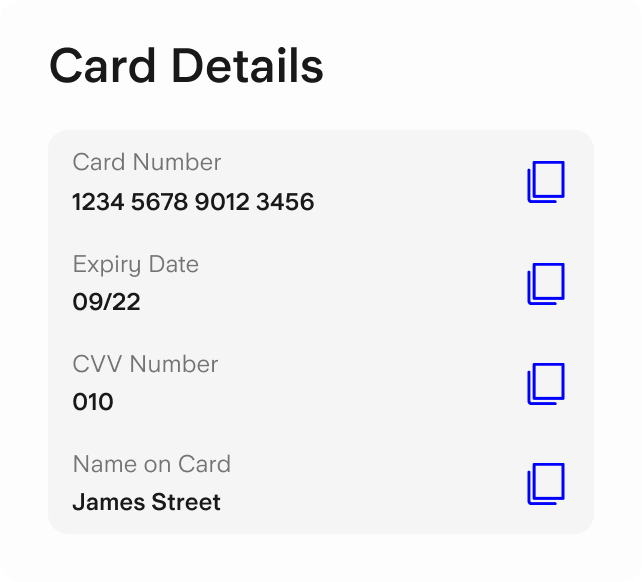 Account card details showing card number, expiry date, CVV number and name on card
