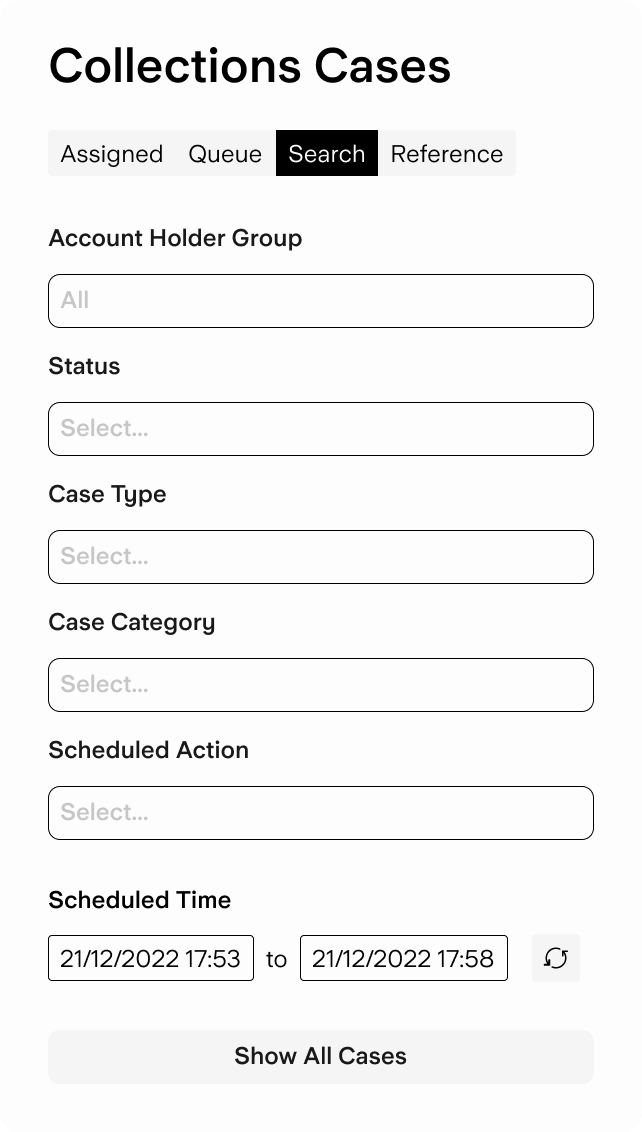 A form to search for Collections cases, by account, status, type, category etc
