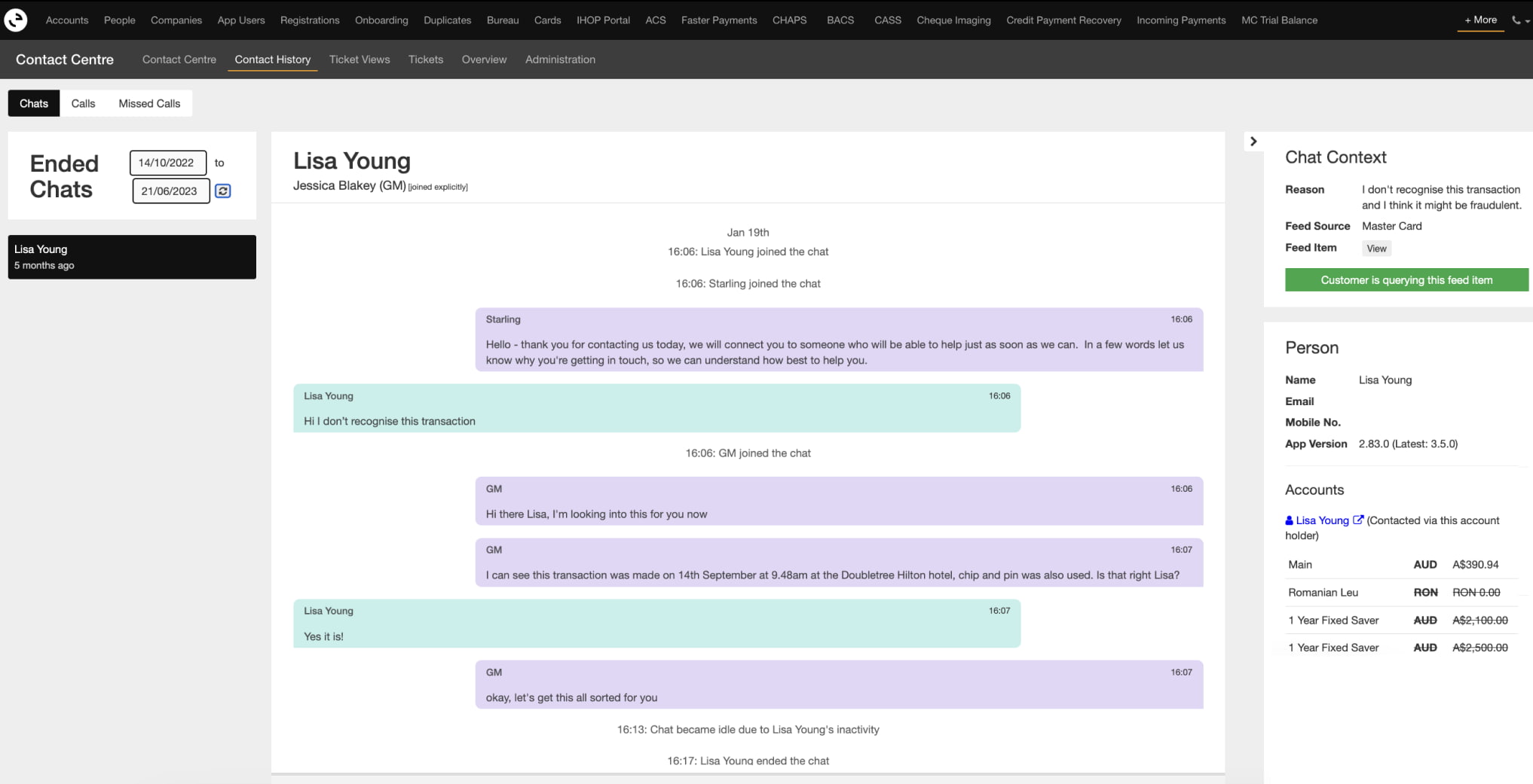 Screenshot of customer support chat in Engine